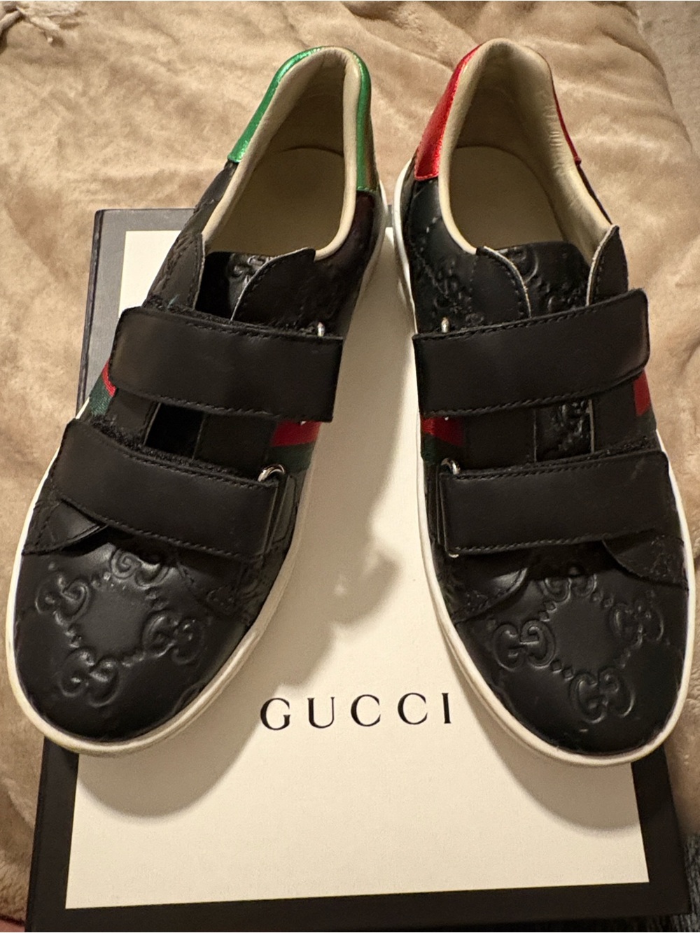 Gucci Black Leather Kids Sneakers with Red & Green Heel Straps